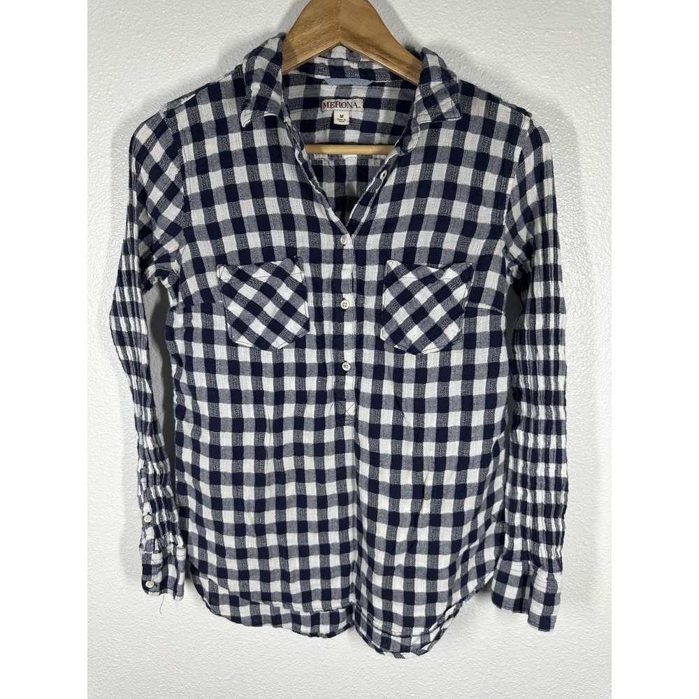 Merona Shirt Womens Medium Blue White Plaid Button Front Long Sleeve Top